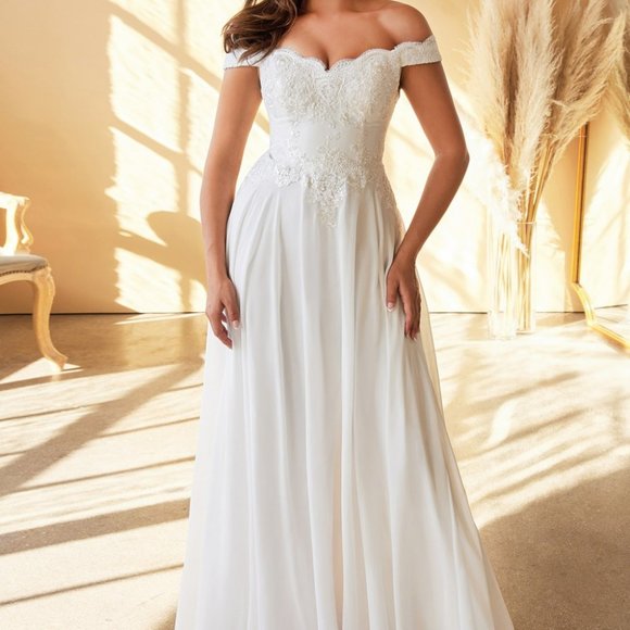 NEW OFF WHITE WEDDING BRIDAL EVENING OFF THE SHOULDER FORMAL LONG GOWNcd 7258W